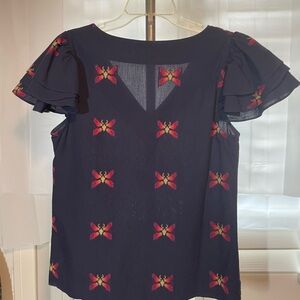 Trina Turk Blue Shasta Butterfly Ruffle Short Sleeve Top Medium
